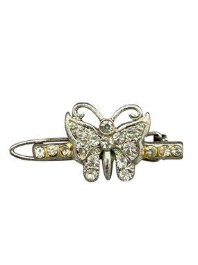 Vintage Rhinestone Butterfly Scarf Clip Bar Pin Silver Tone